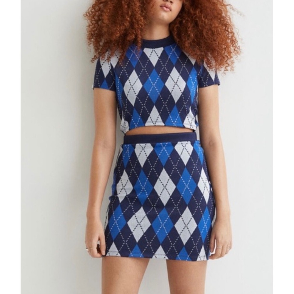 Women's H & M Divided Preppy Y2K‎ Academia Argyle Blue Black Cutout Dress XL.